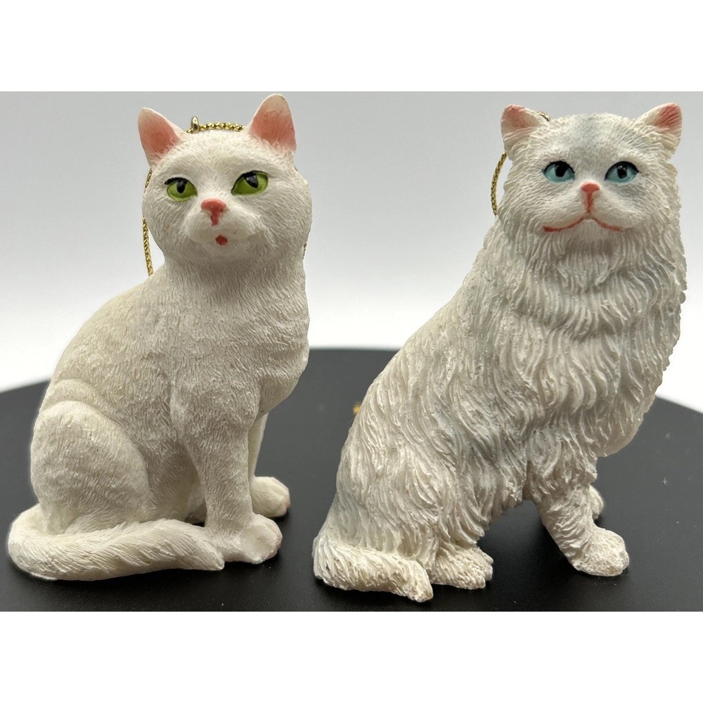Two Vintage White Cat Hard Resin Ornaments 1 Green Eye 1 Blue Eye Longhair 3” t
